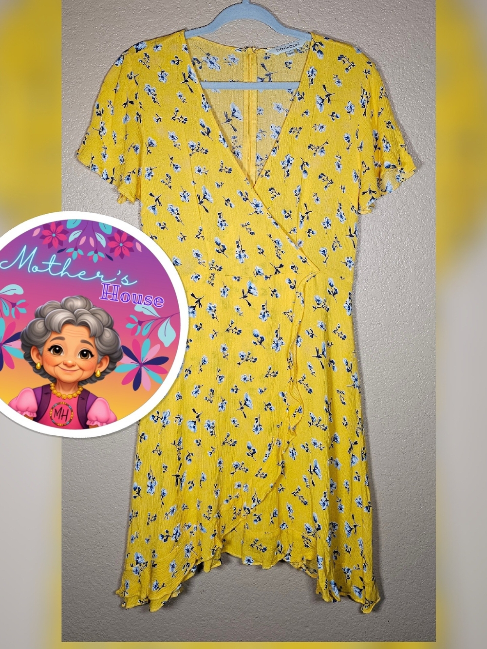 DAVI & DANI Yellow Floral Mini Wrap Dress